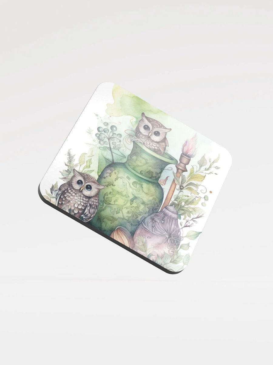 Glossed Cork Coaster 🦉 Peaceful Green Theme - Owls Vibes - Motif 2 product image (1)