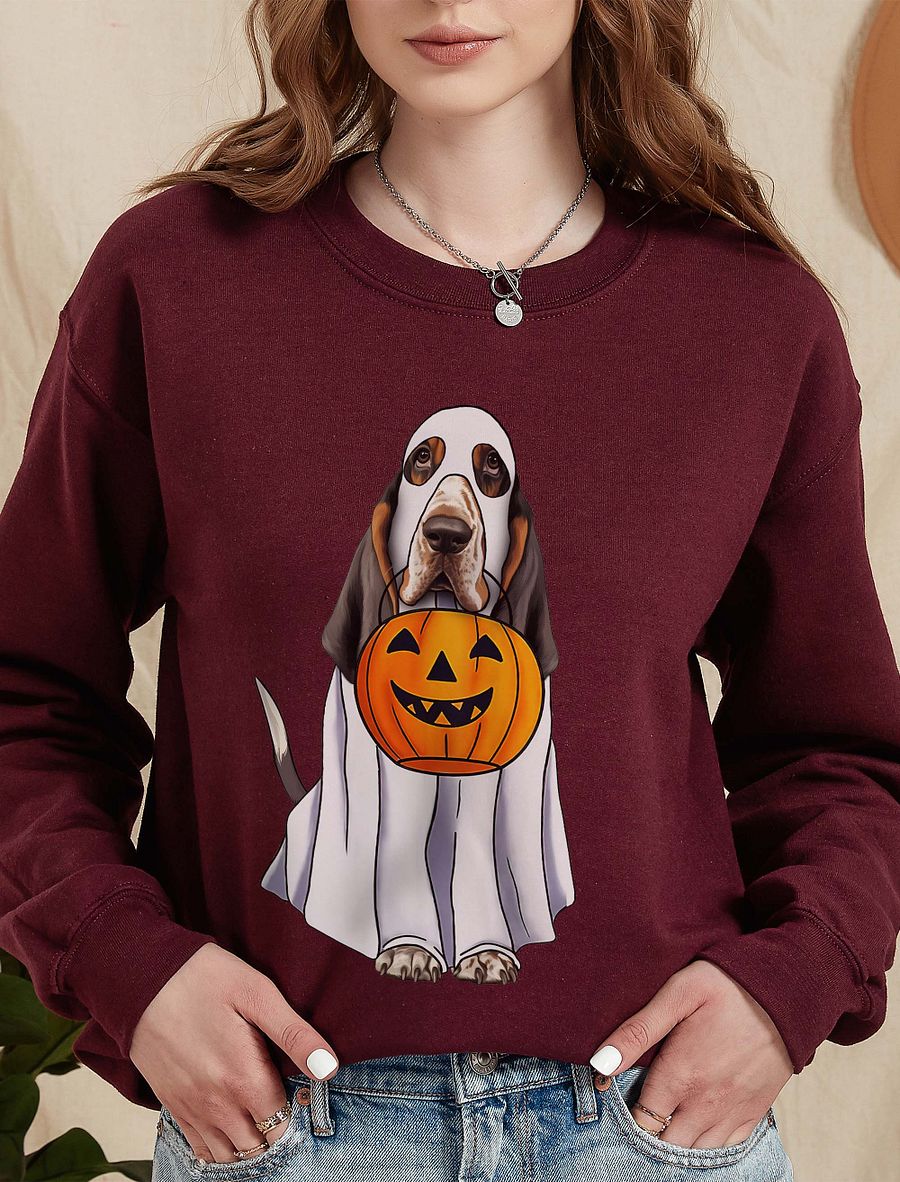 Basset Hound(Tricolor) Halloween Sweatshirt | Funny Halloween Basset Hound Wearing Ghost Costume with Pumpkin Basket product image (14)