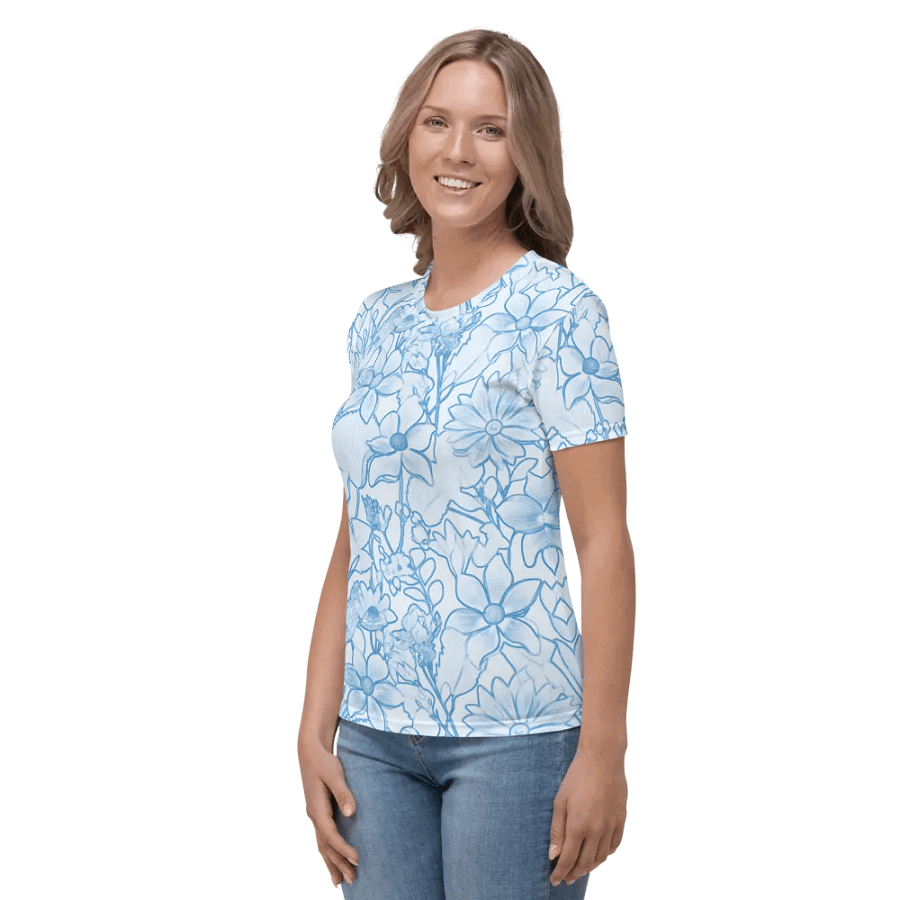 Line art Blue and White Floral/All-Over Print Women's Crew Neck T-Shirt by Sublicolor product image (6)