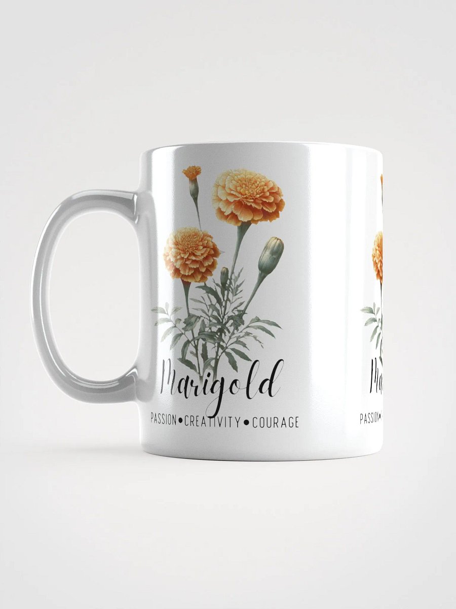 Marigold Ceramic White Mug: Passion, Creativity, Courage October Birth Month Flower product image (8)