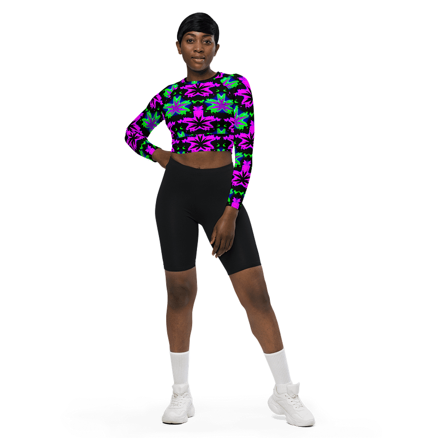 Neon Raver Reefer Stoner Summer Recycled Long-Sleeve Crop Top, Black Hot Pink Green Ganja Weed Shirt, 420 Cannabis Festival Pot Leaf Fashion product image (7)