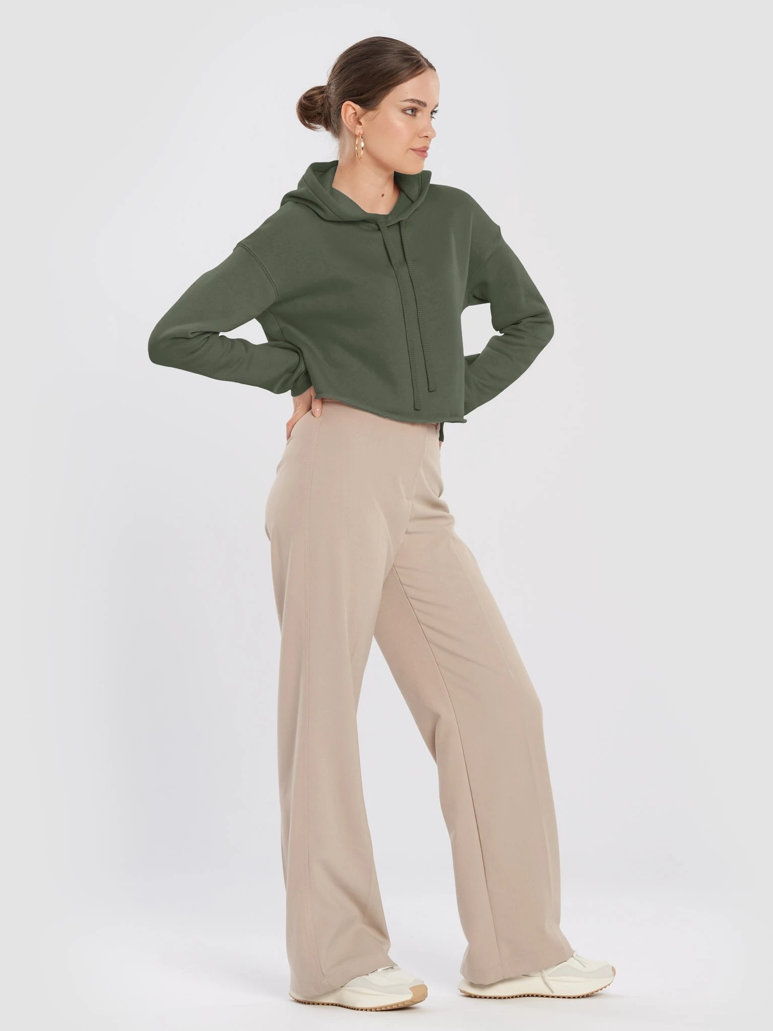 Plain Color Military Green Crop Hoodie product image (3)