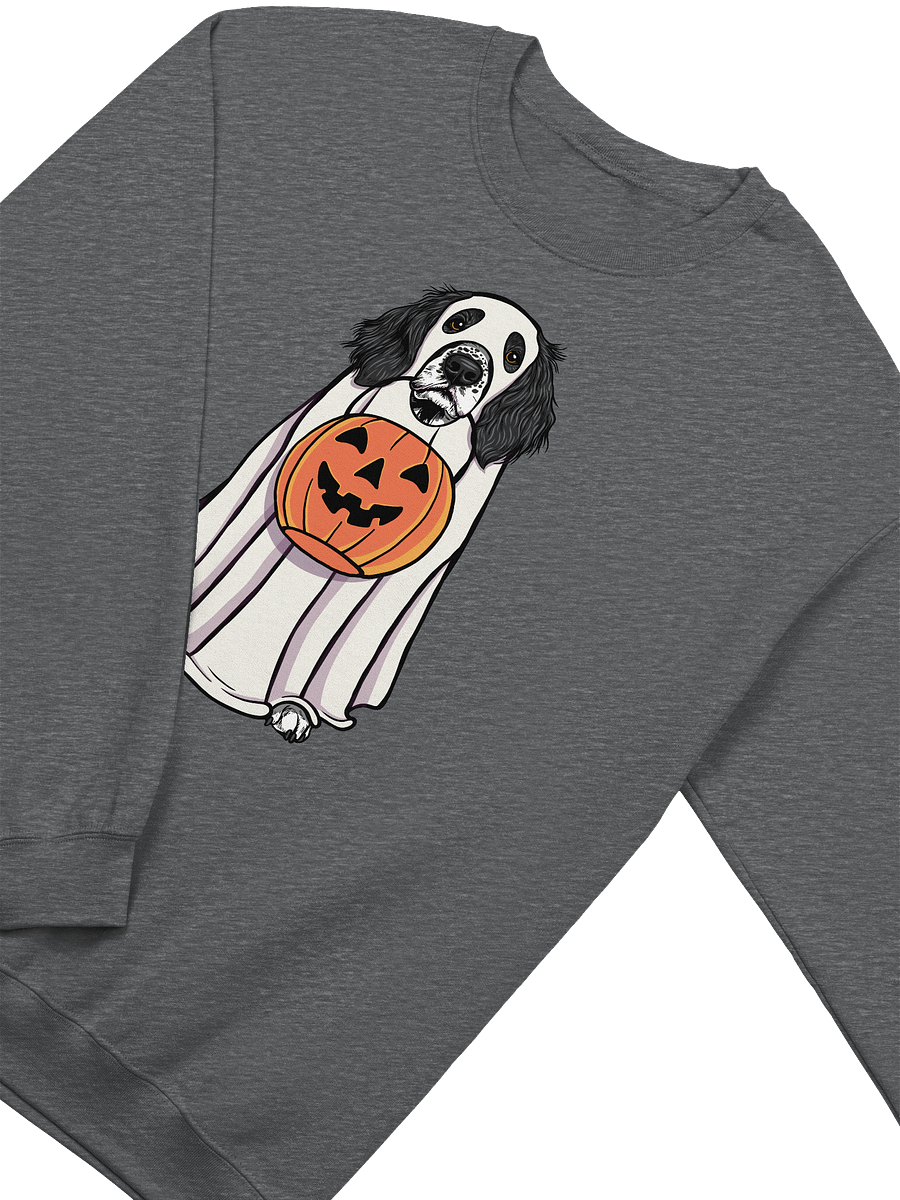 Funny Halloween Springer Spaniel(Black) Sweatshirt | Funny Springer Spaniel Wearing a Ghost Costume and Holding a Pumpkin Basket product image (4)
