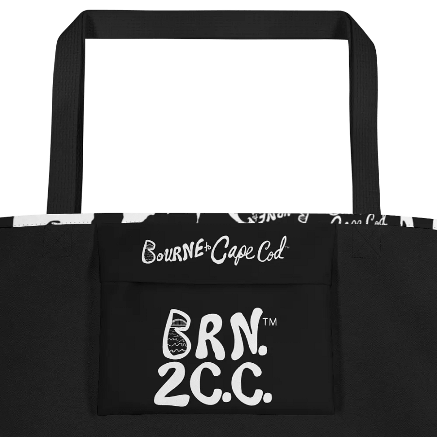 BOURNE to Cape Cod™ | Large Tote Bag with Pocket | Coastal Classic | All-Over Logo Print | White Logo Repeat on Black product image (2)
