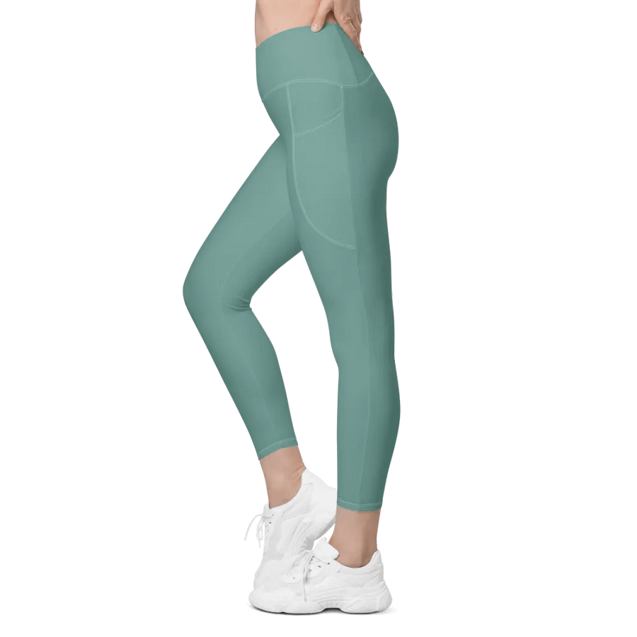 Plain Medium Teal Green Soft Summer Women's High Waisted Premium Crossover Leggings with Pockets by Treasure Pie product image (5)