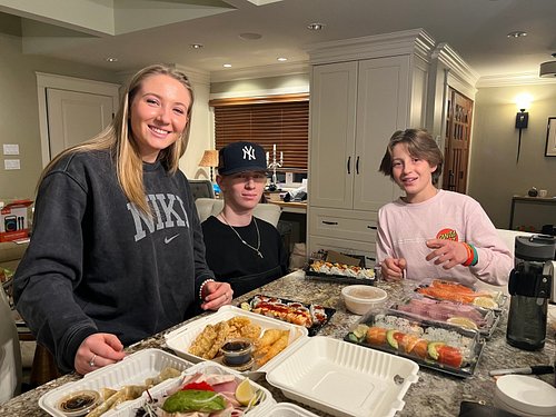 @gavin.kamoschinski, @angelinakamoschinski, and Adam having a sushi date! ❤️ #GKStrong #GavinStrong