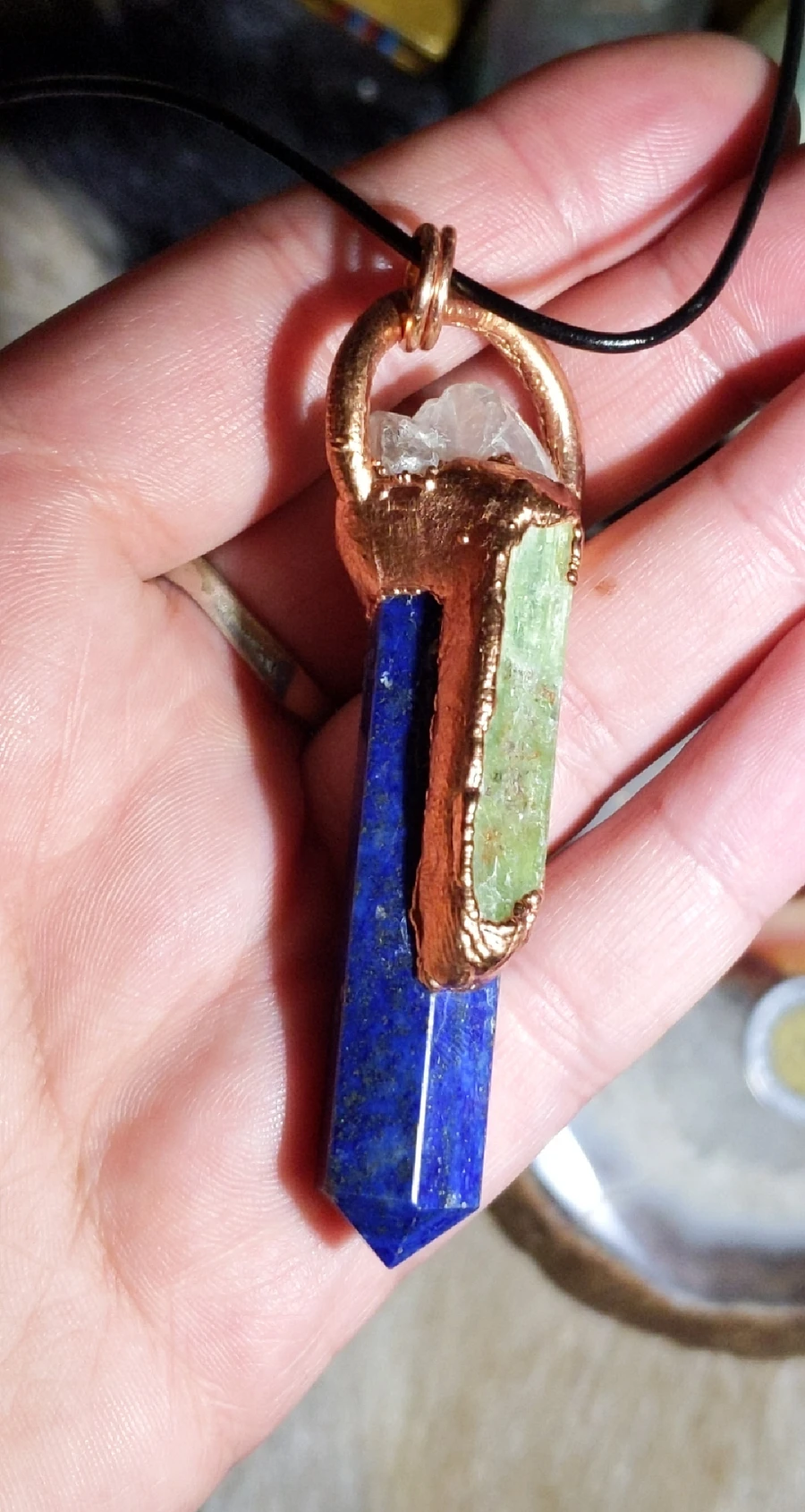 Green Kyanite, Lapis Lazuli Tower & Raw Quartz Cluster Necklace product image (4)