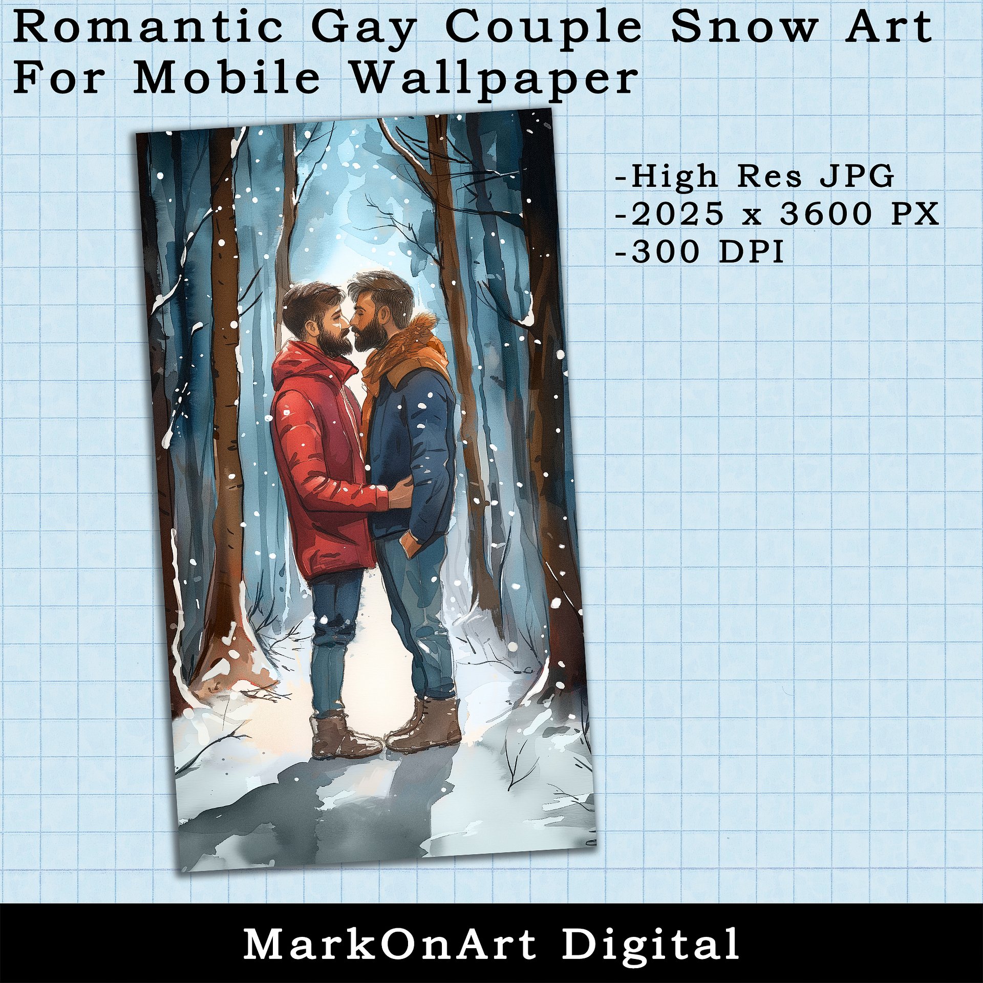 Romantic Gay Couple in the Snow Art For Mobile Phone Wallpaper or Lock Screen | High Res for iPhone or Android Cellphones product image (2)
