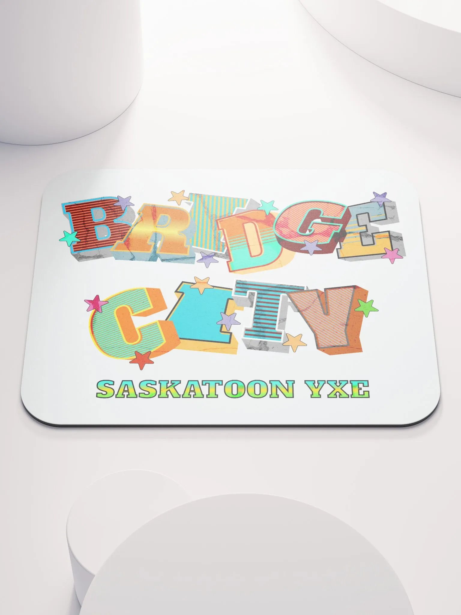 Bridge City Saskatoon Saskatchewan YXE Vibrant Letters Mouse Pad product image (1)