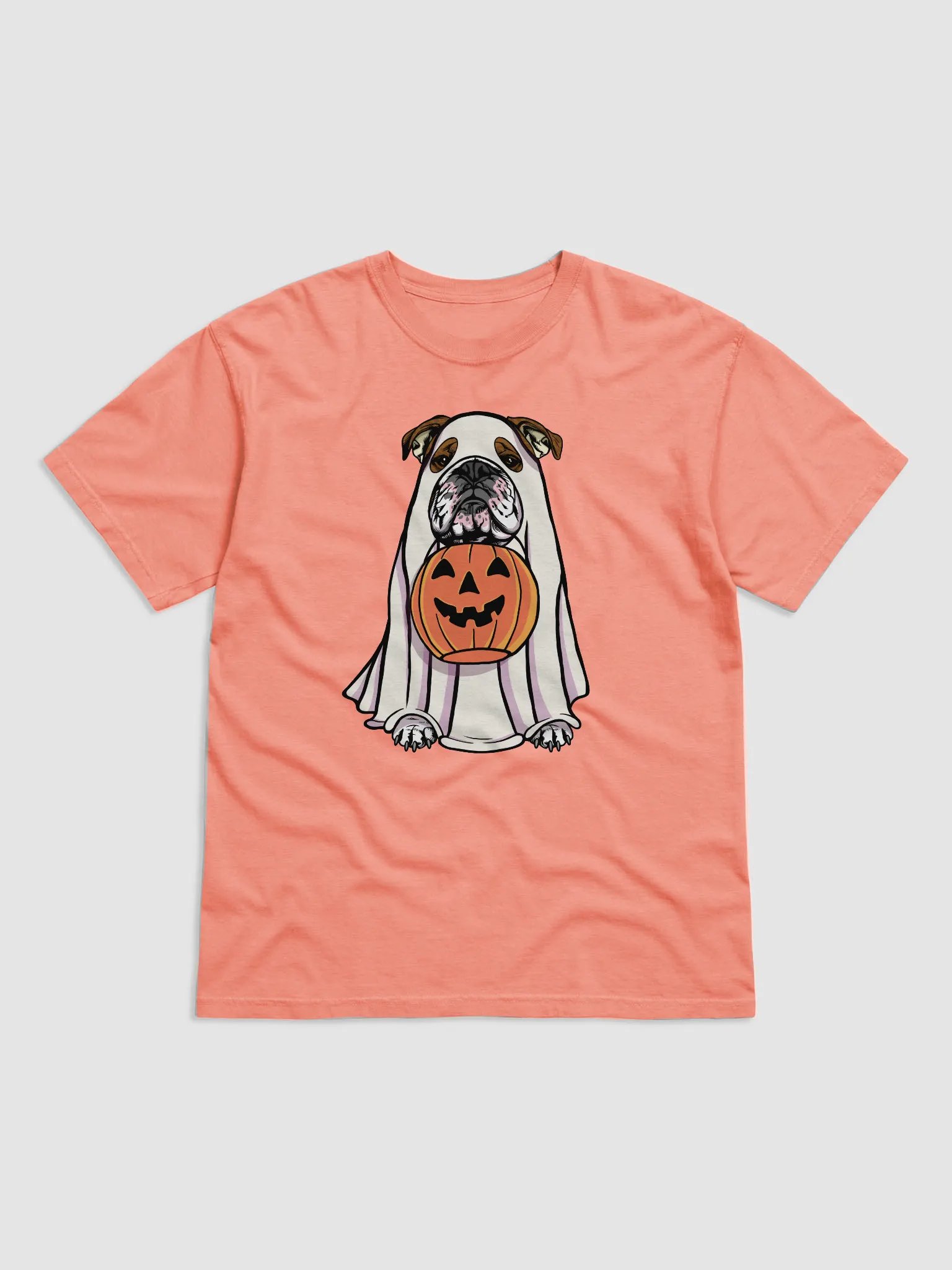 Funny Halloween English Bulldog(Brindle) T-Shirt | Funny English Bulldog Wearing a Ghost Costume and Holding a Pumpkin Basket product image (1)