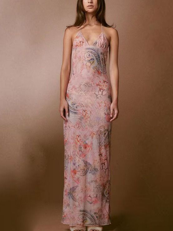 Fluttering Florals: Halter Spaghetti Strap Dress with Butterfly Back product image (1)