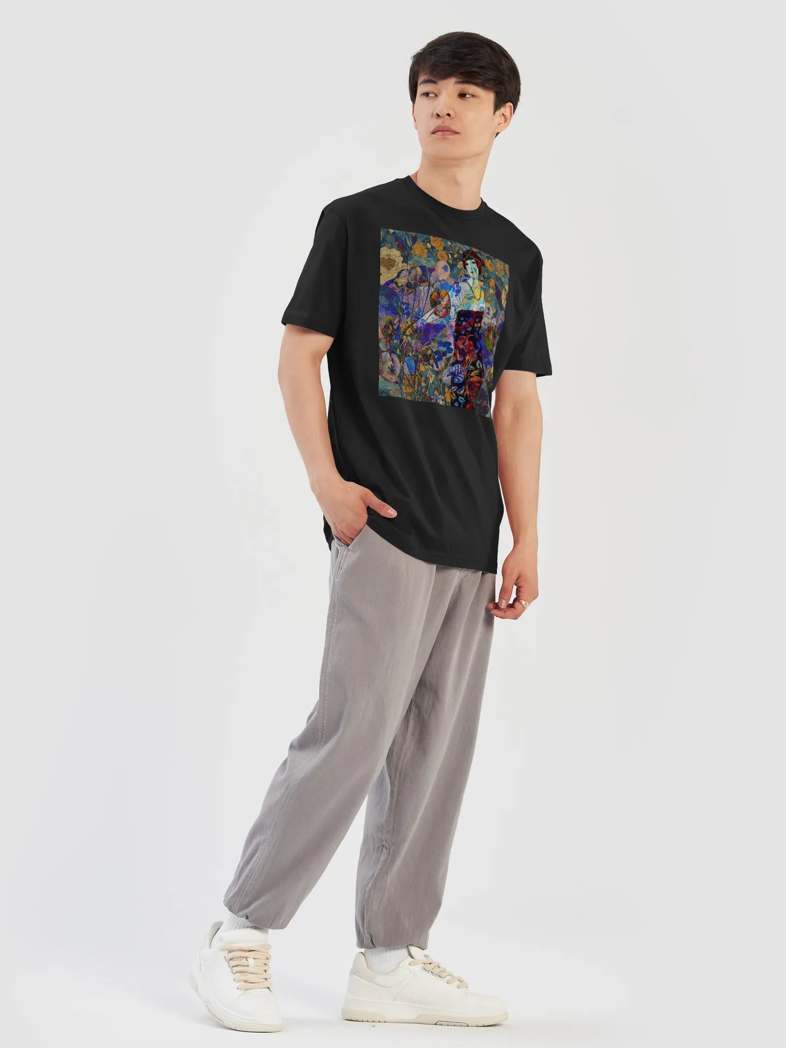 'A Symphony of Colors in the Garden' by Edward Martin Mixed Media Collage -Floral Fantasy Illustrated T-Shirt product image (12)