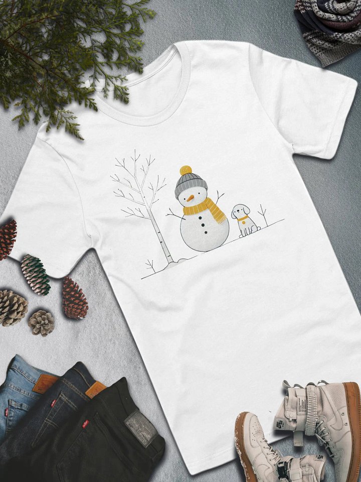 Snowman and Winter Pup T-Shirt – Adorable Winter Fashion product image (1)
