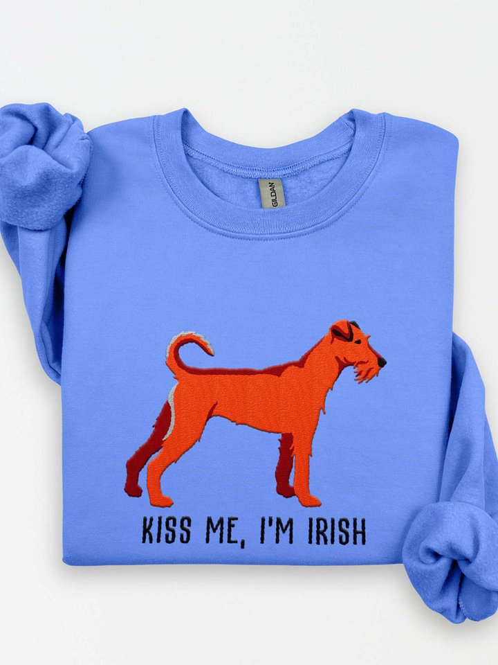 Kiss Me, I'm Irish Sweatshirt (Embroidered) of an Irish Terrier(Red) product image (1)