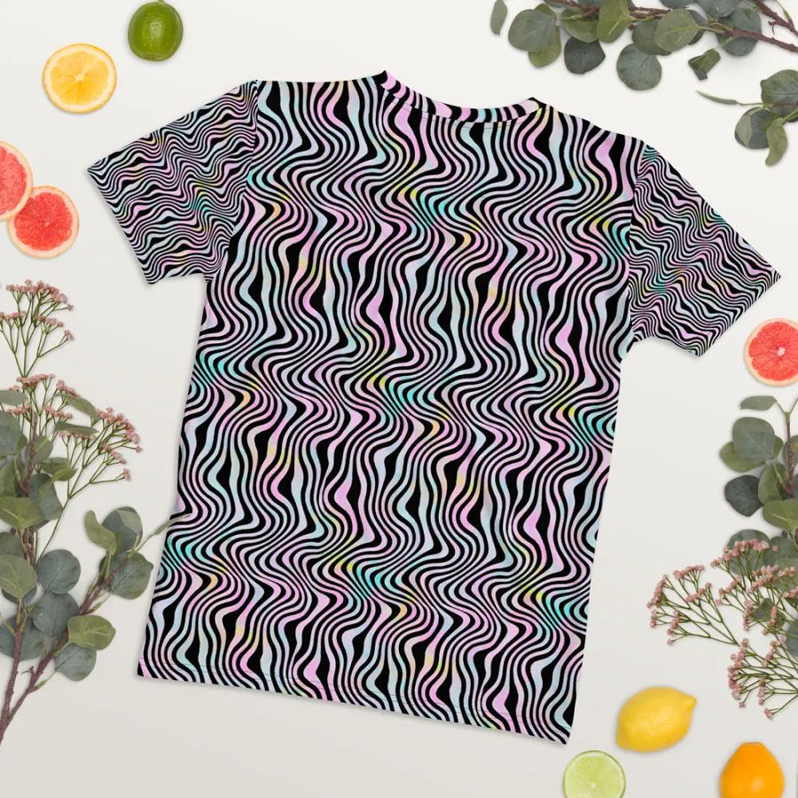 Ladies T shirt all over print wavy turquoise pink and black design ideal for light travel and slimming look product image (12)