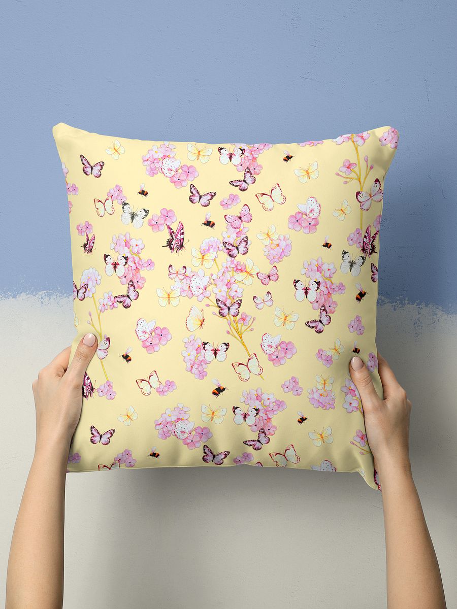 PINK BUTTERFLY GARDEN ON YELLOW SUMMER PILLOW product image (1)