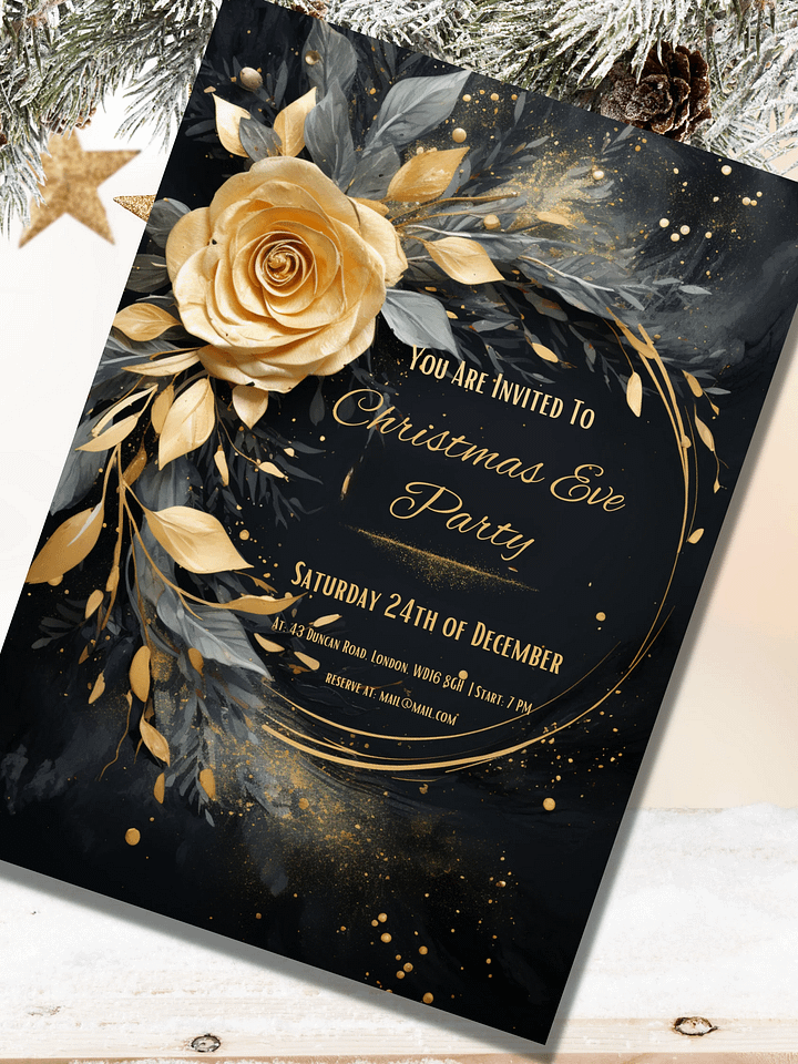 3D Gold Rose Christmas Eve Party Invitation | Editable in Canva | Christmas Party Printable | Holiday Invitation Template | Link to Canva product image (1)