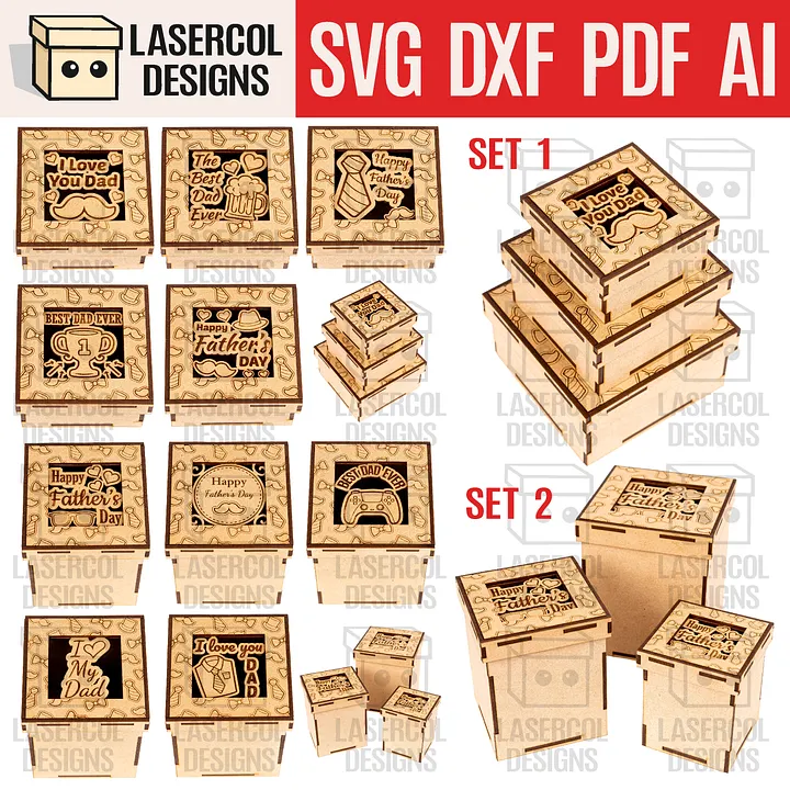 Father's Day Gift Boxes Bundle (10 Styles, Set 1-2) - Laser Cut Files product image (1)
