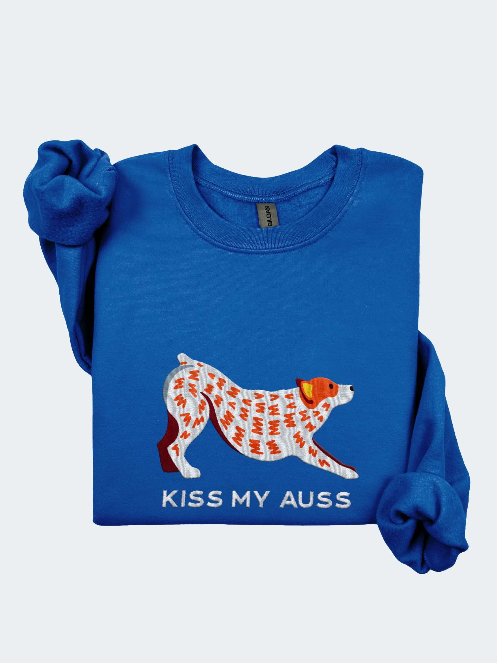Kiss My Auss Sweatshirt (Embroidered) of an Australian Cattle Dog(Red Heeler, Docked Tail) product image (1)