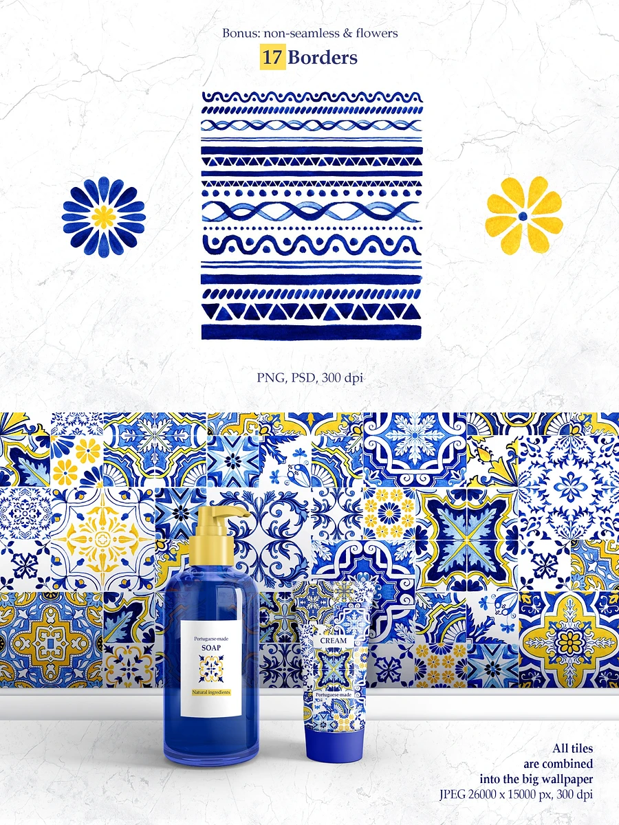 Portuguese Azulejos Tiles & Patterns Watercolor Clipart and Seamless Patterns BUNDLE product image (10)