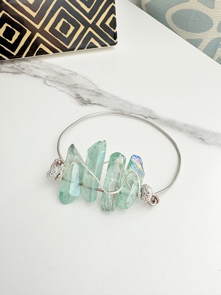 🌊 Mermaid Glow Bangle | Iridescent Seafoam Glass Crystals | Handmade 8" Diameter | Coastal Charm by Monique Faella Designs™ | MFD-00191 product image (3)