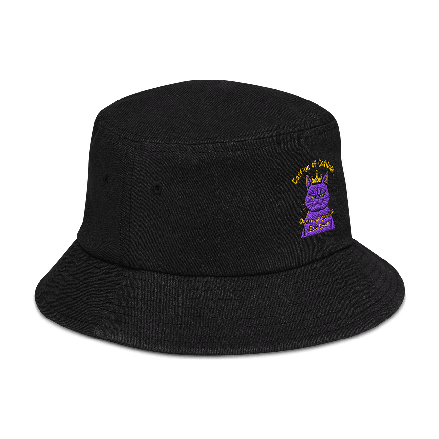 Cattitude Queen: Bow Down to Feline Royalty Denim Bucket Hat product image (5)