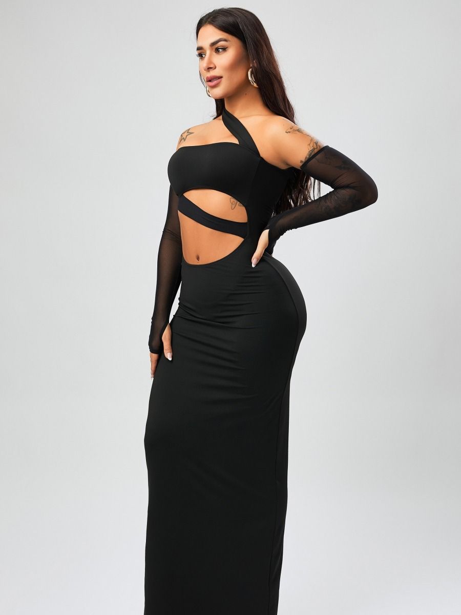 Wholesale high quality slight stretch solid slim hollow sexy maxi dress (with sleeves) product image (4)