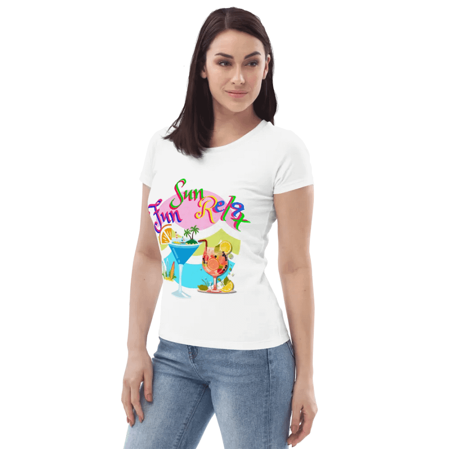 Ladies fitted t shirt 100%organic cotton with “Fun Sun Relax’ . Ideal for the holiday vibe fun party goer product image (5)