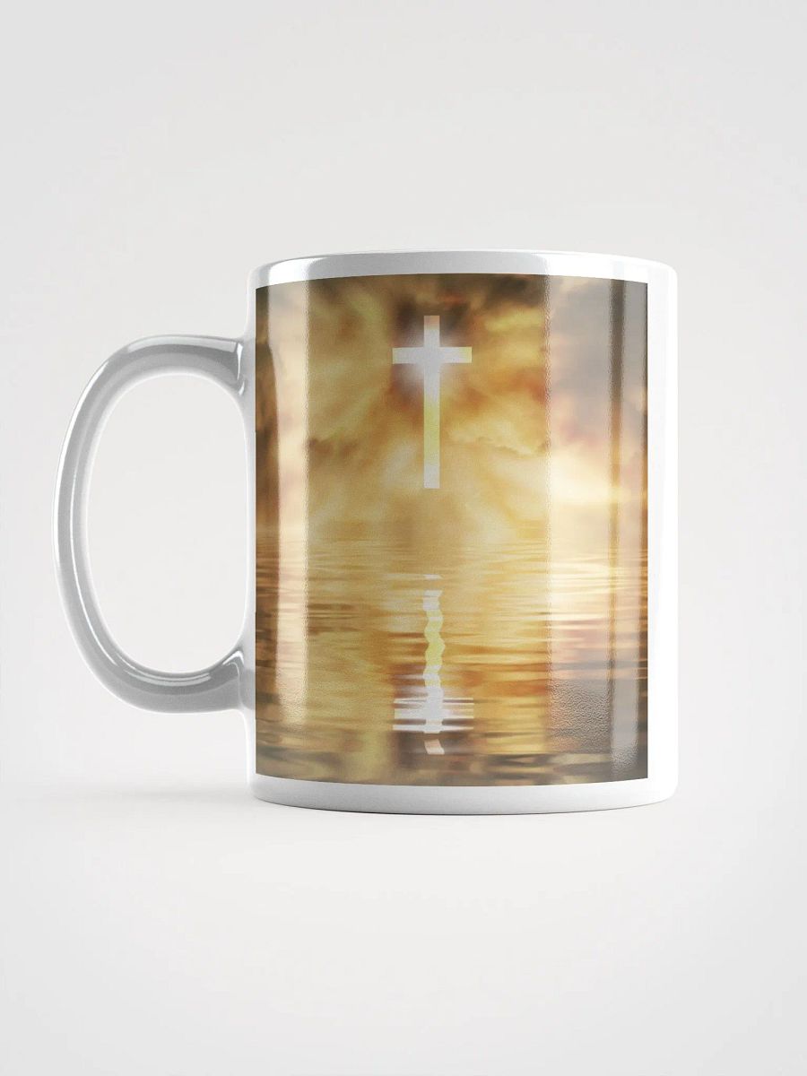 Glowing cross illuminated by intense golden light & a cross surrounded by a heavenly scene, with rays of light shining through soft clouds in a bright blue sky Mug product image (3)