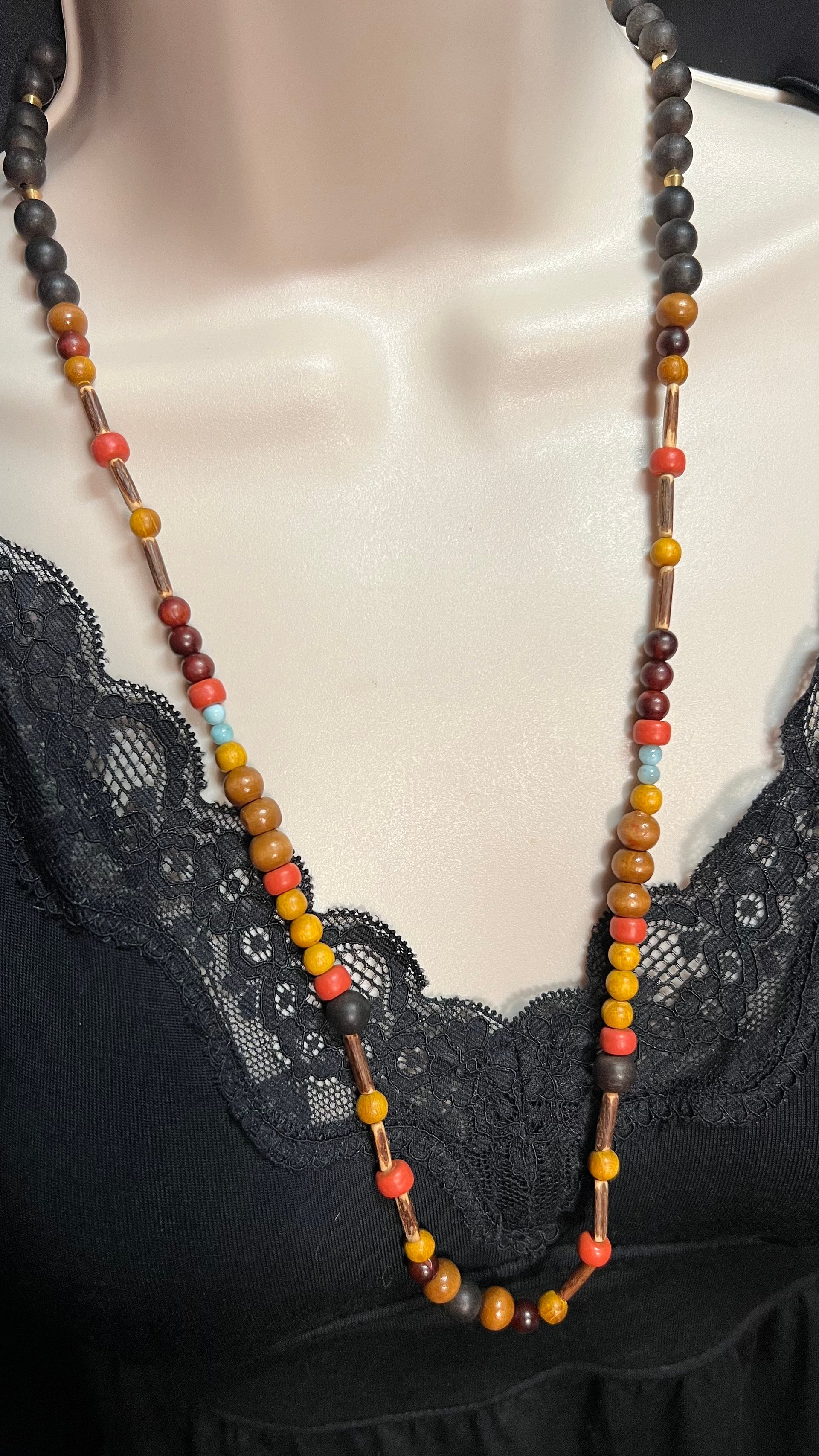 Necklace - Ebony, Golden Rosewood, Mahogany, Coconut Shell, and Handmade Ukrainian Clay Beads product image (1)