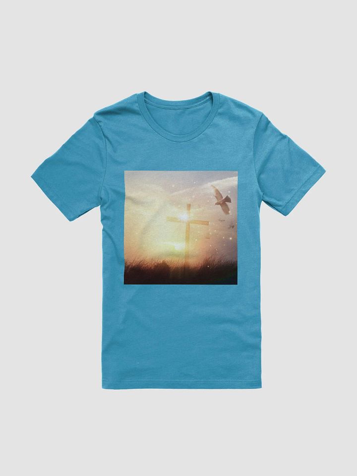 Radiant cross illuminated by a bright, golden light, set against a soft & glowing sunrise background & doves t-shirt product image (1)