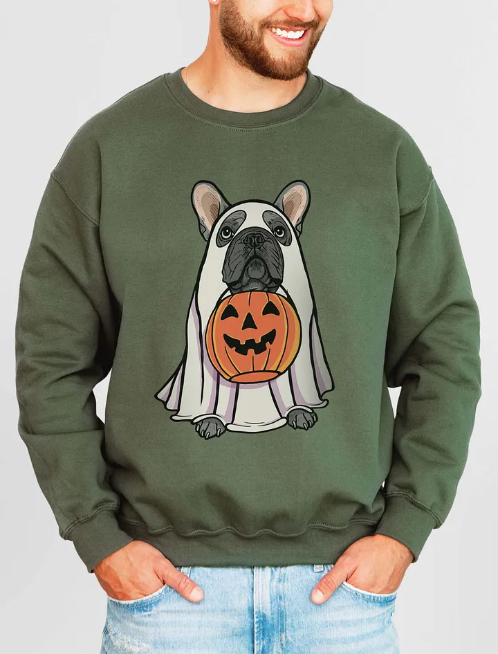 Funny Halloween French Bulldog(Blue) Sweatshirt | Funny Frenchie Wearing a Ghost Costume and Holding a Pumpkin Basket product image (15)