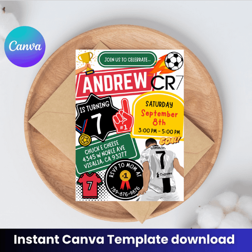CR7 Cristiano Ronaldo Birthday Invitation | Soccer Theme | Editable Canva Template product image (1)