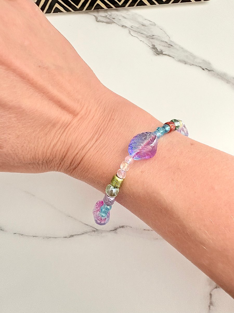 Handmade 8" Glass Seashell Bead Bracelet | Coastal Charm Jewelry by Monique Faella Designs™ | MFD-00064 product image (3)