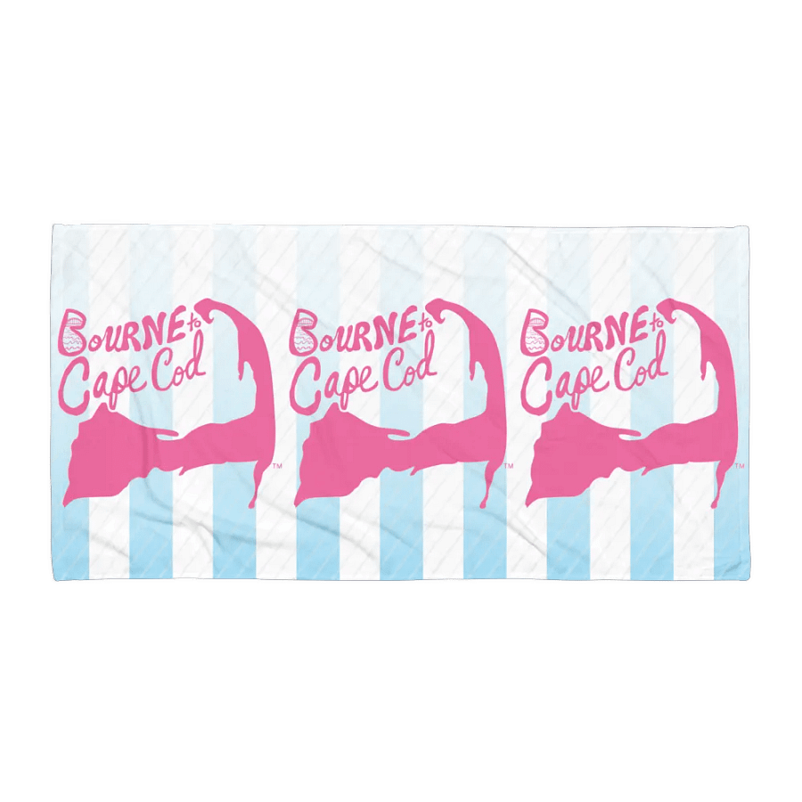 BOURNE to Cape Cod™ | Coastal Classic Beach Towel | All-Over Logo Print | Light Pink Logo on Light Blue Stripes product image (1)