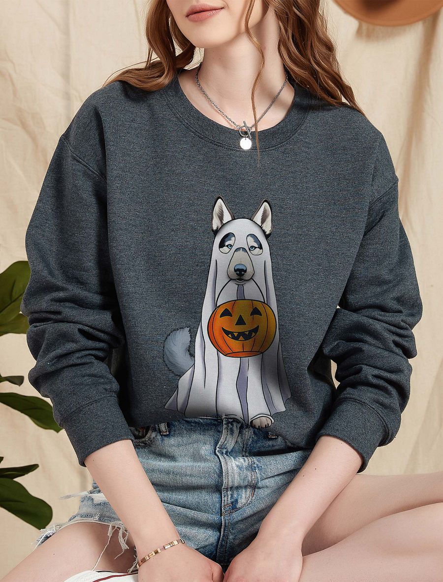 Siberian Husky Halloween Sweatshirt | Funny Fall & Halloween Husky Wearing a Ghost Costume with Pumpkin Basket product image (5)