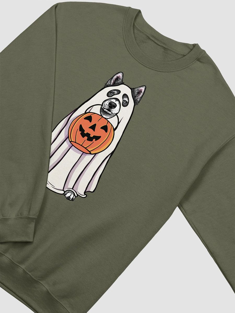 Funny Halloween Alaskan Malamute(Black) Sweatshirt | Funny Dog Wearing a Ghost Costume and Holding a Pumpkin Basket product image (14)