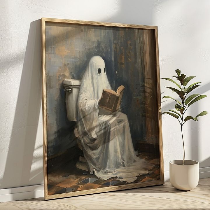 Ghost Reading a Book in Toilet Halloween Bathroom Wall Art Print product image (17)