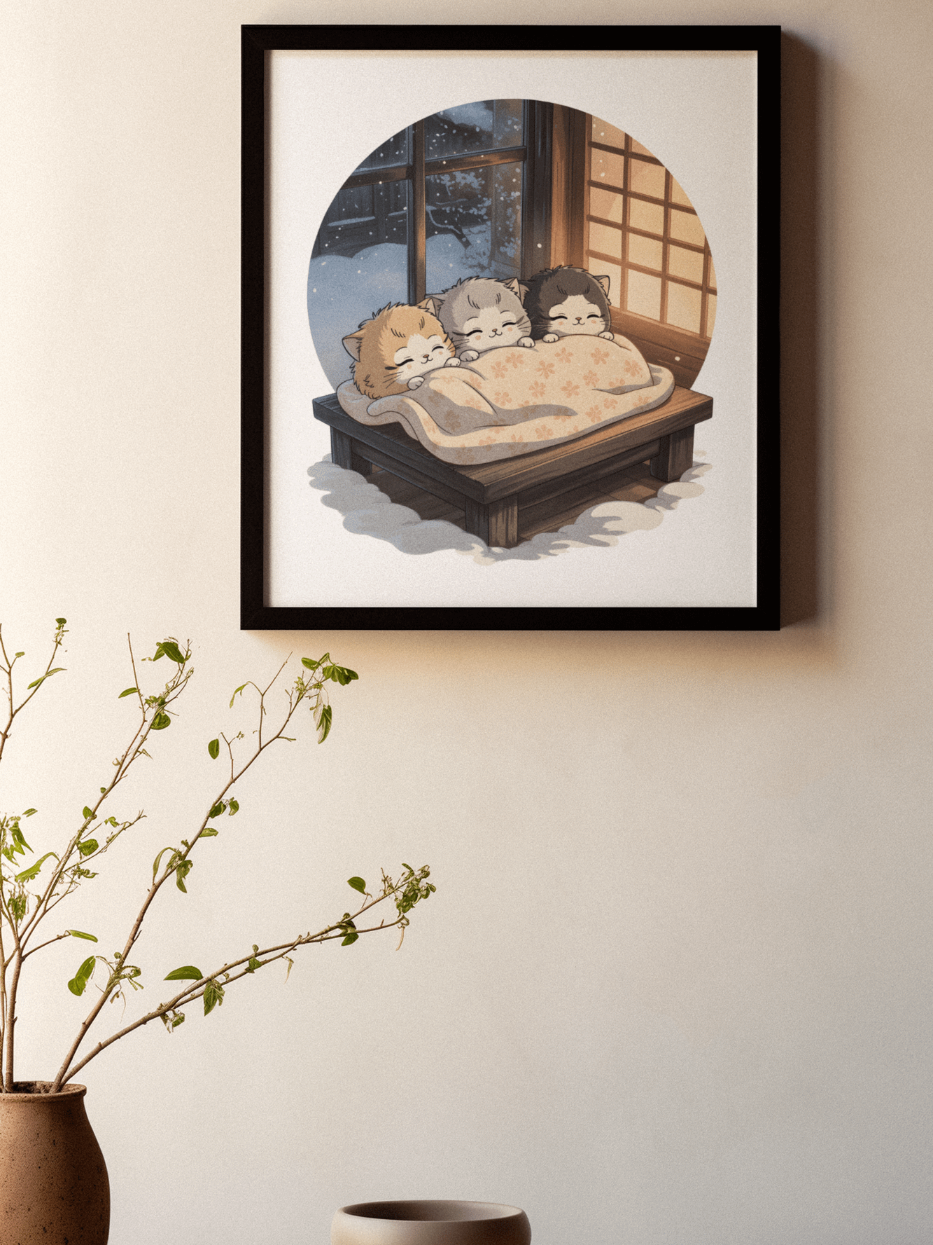 Cozy Winter Kittens Framed Art Print | Japanese Style Snowy Day Wall Decor product image (2)