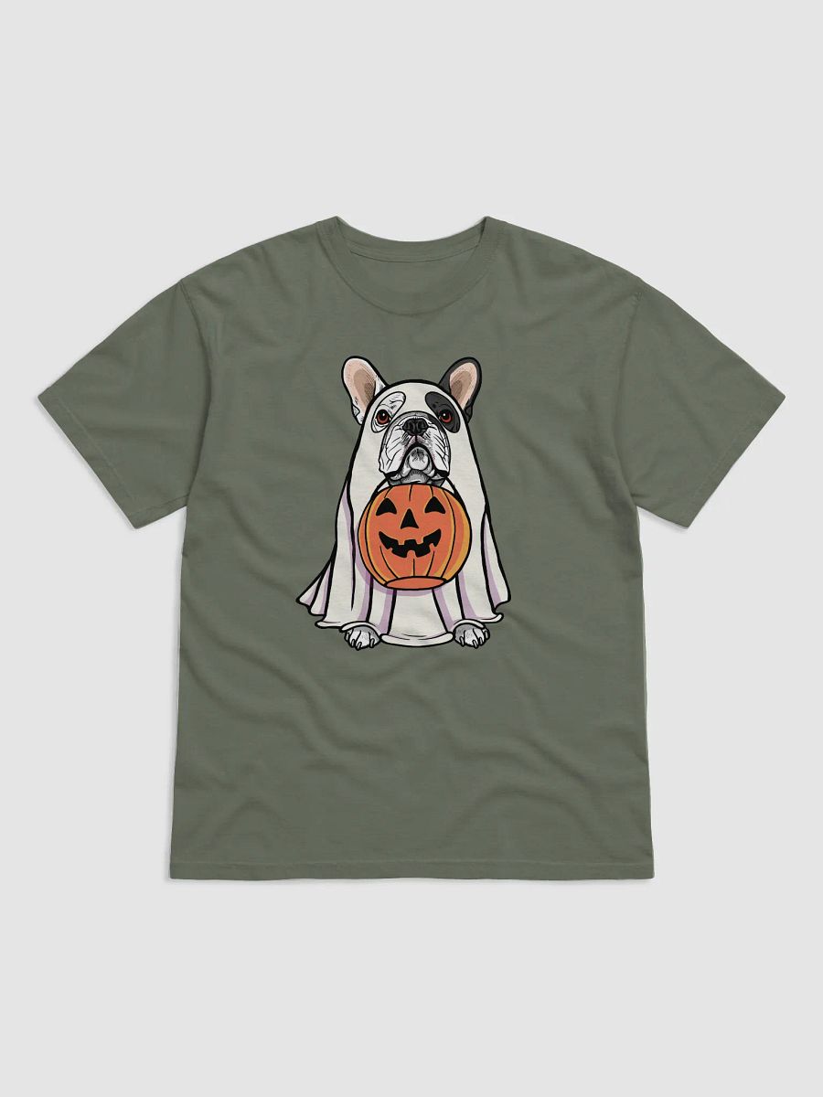 Funny Halloween French Bulldog(Pied) T-Shirt | Funny Frenchie Wearing a Ghost Costume and Holding a Pumpkin Basket product image (8)