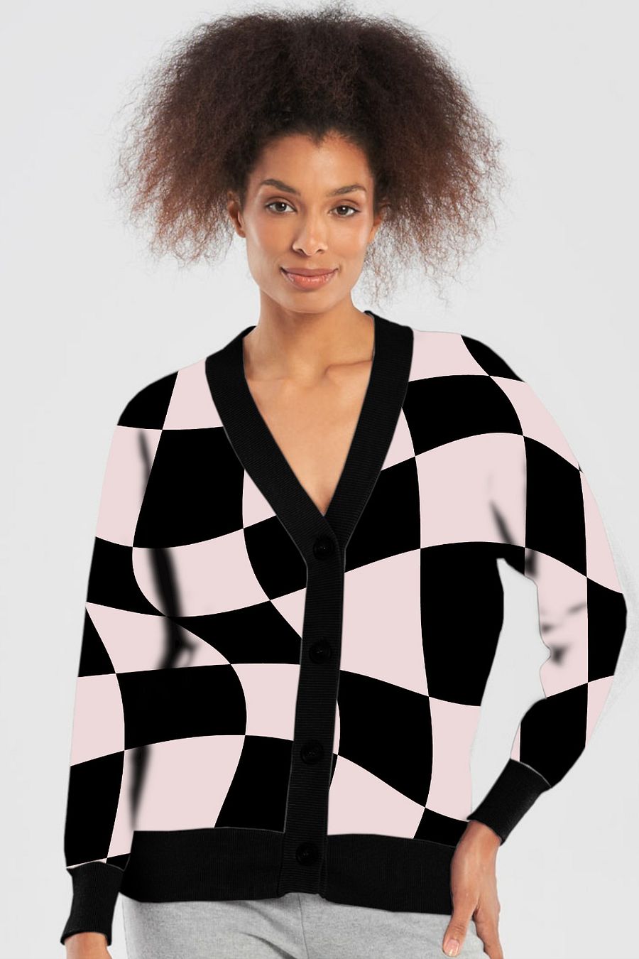 Distorted Check Pink Black Cardigan Sweater product image (12)