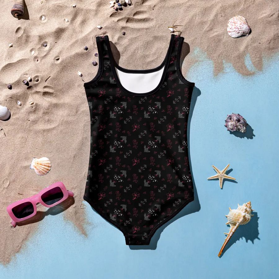 Cute Magenta and White Flowers on Black One-Piece Girls Swimsuit product image (5)