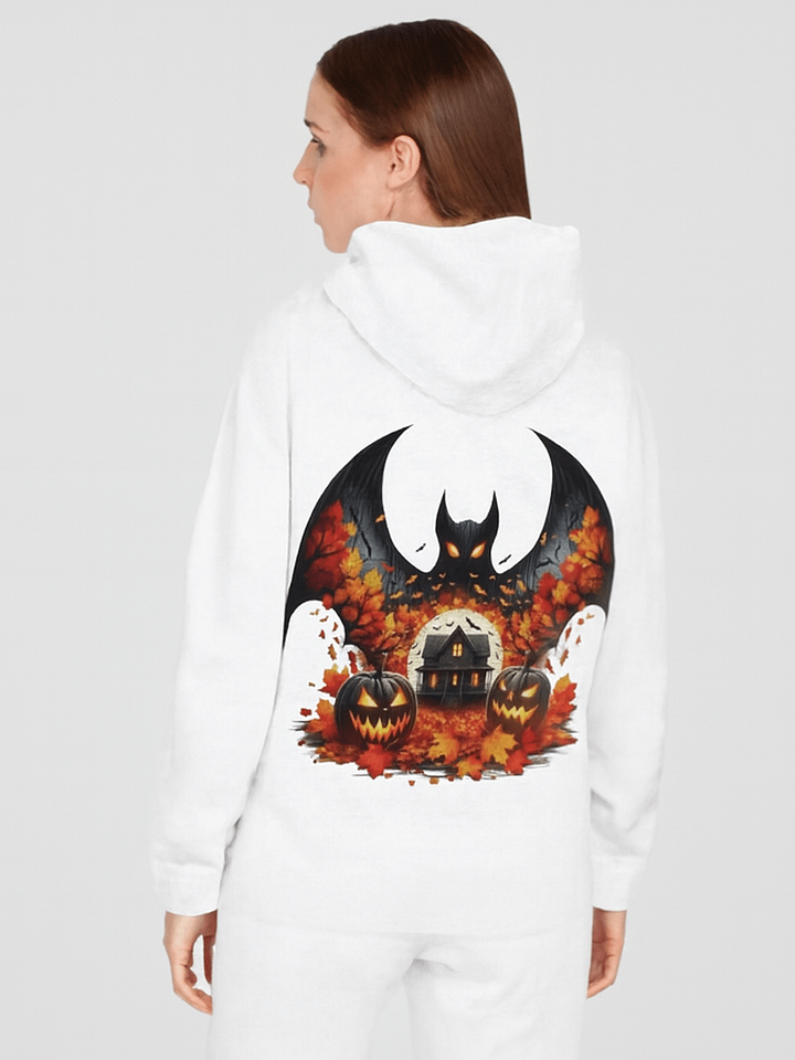 Haunted house scene with bat wings and pumpkins Hoodie product image (1)