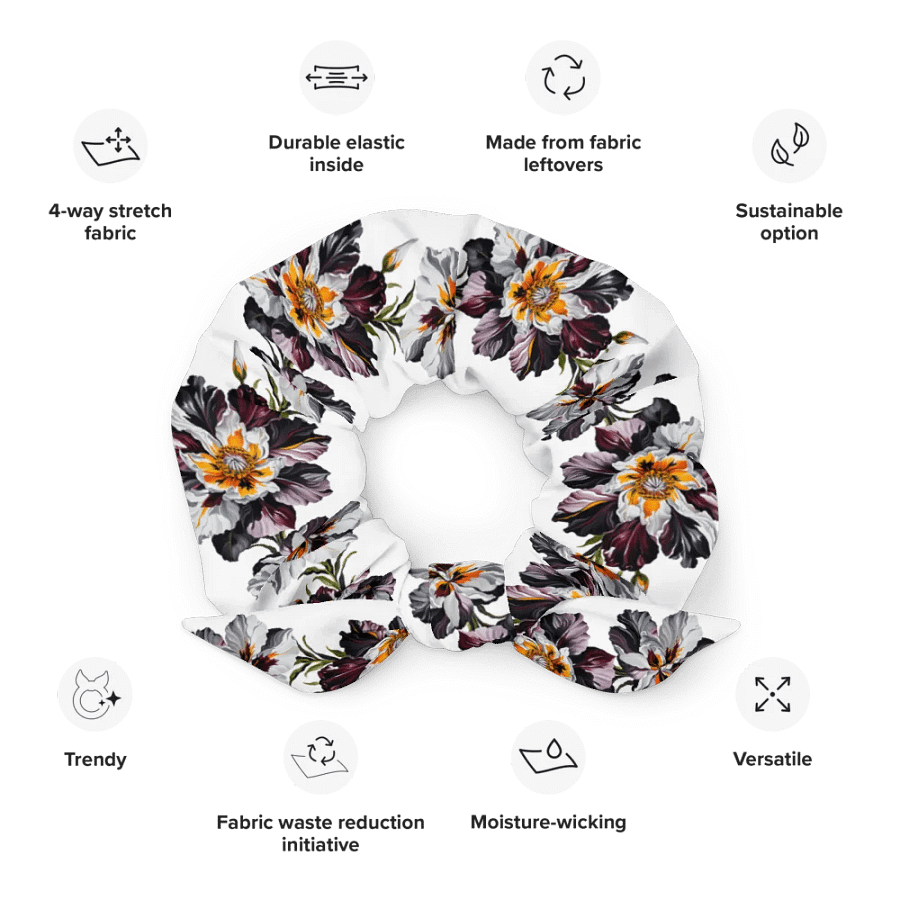 Hair Scrunchie - Painted Crimson, Black, and Yellow Flowers on White product image (12)