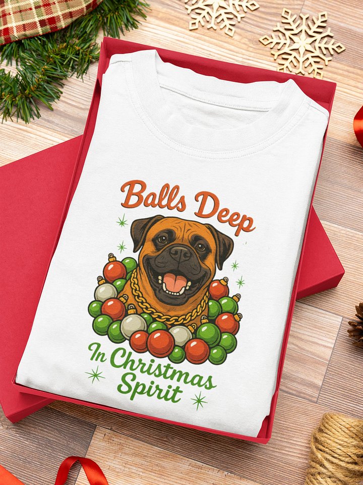 Funny Bullmastiff Christmas Shirt – “Balls Deep in Christmas Spirit” Holiday Dog Tee – Retro 1950s Atomic Design – Big Dog Lover Gift – Funny Xmas Shirt product image (2)