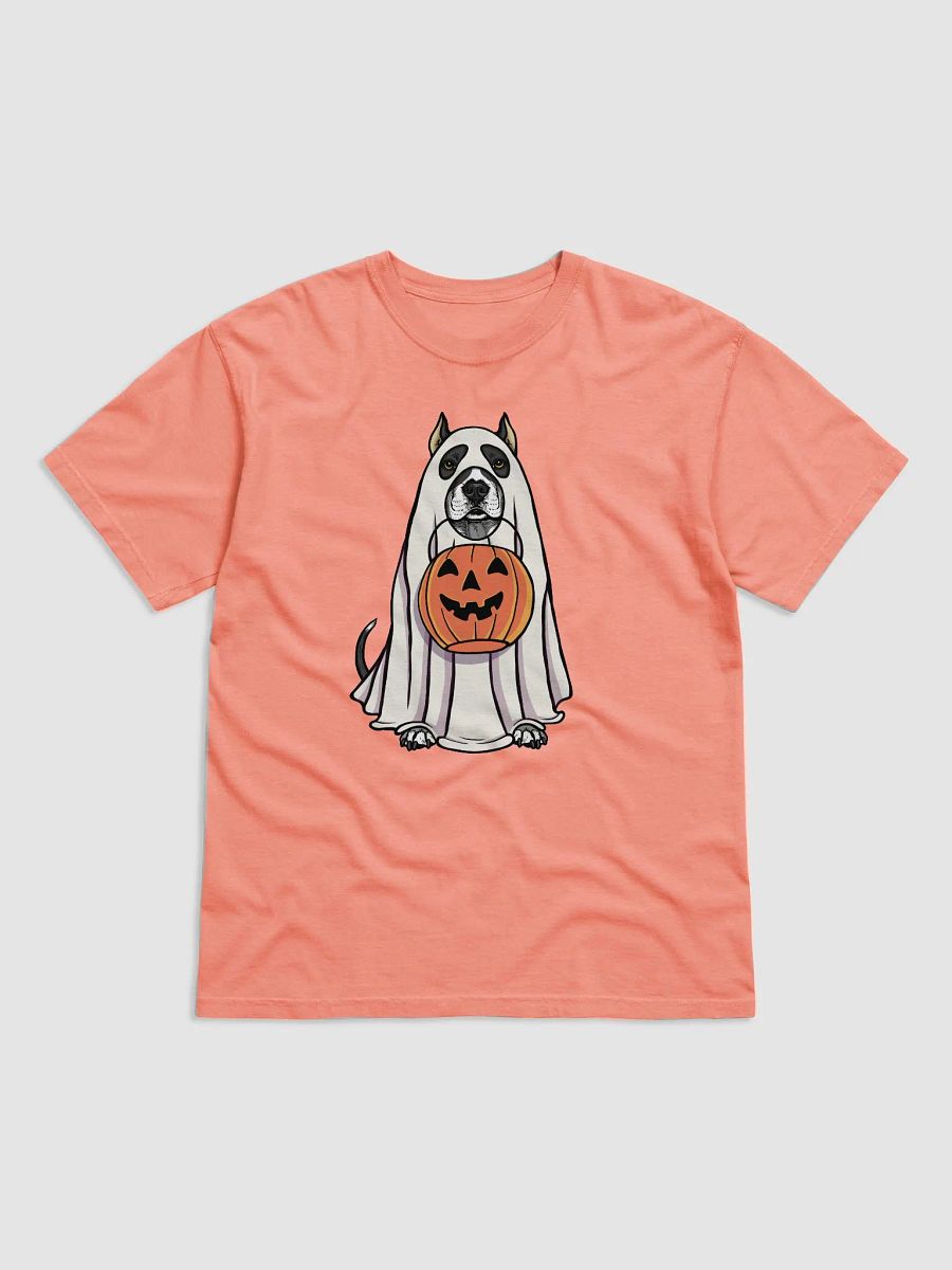 Funny Halloween Pitbull Terrier(Cropped Ears, Black) T-Shirt | Funny Pittie Wearing a Ghost Costume and Holding a Pumpkin Basket product image (22)