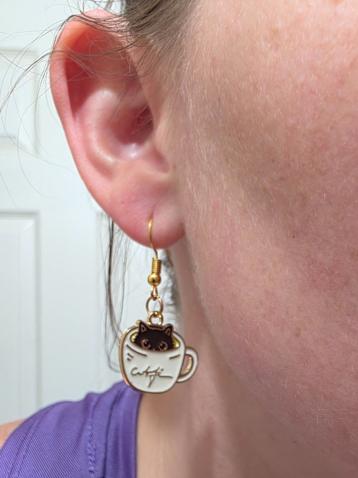 Purrrfectly Cozy Café Cat Earrings - Gold Dangle Hooks product image (2)