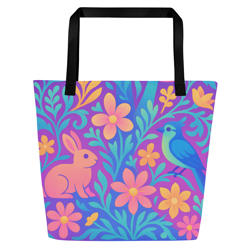 Chillwave Bunny & Bluebird Floral Tote Bag – Colorful Cute Aesthetic Reusable Bag with inside Pocket product image (1)