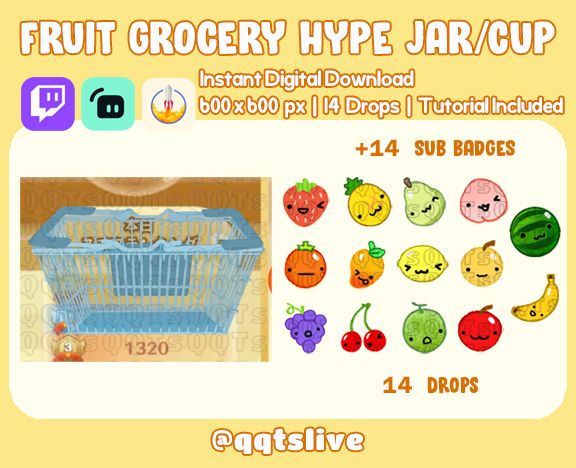 PASTEL GROCERY FRUIT Twitch Hype Jar - Stream Tip Cup + Sub Badges - 2 Layers - 5 Color Options - 14 Bit Options - Set Up Tutorial Included product image (1)