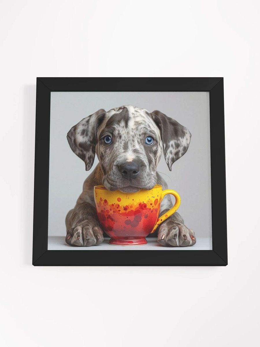 Cute Coffee Lover Blue Eyed Great Dane Puppy Framed Wall Art product image (3)